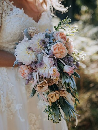 Blush A-line wedding flowers