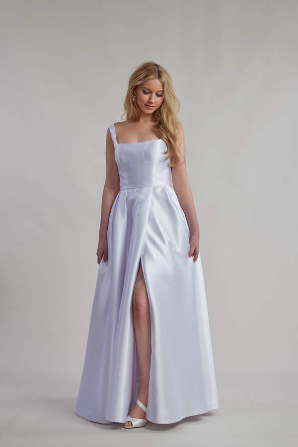 Square neckline satin debutante dress